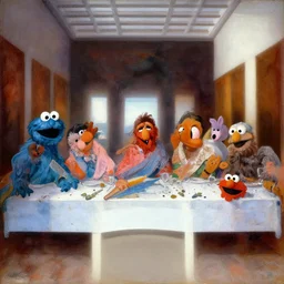 the last supper on sesame street with cookie monster and tiffy and finchen and muppet. art by hieronymus bosch, bright colors, oilpainting