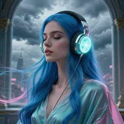 close up portrait, blue long haired elegant model, female, wearing headphones, eyes closed, by greg rutkowski, in front of a window, storm clouds, fantasy city, glowing headphones, teal and pink color palette, surreal light flowing in the air, ornate design, powerful zen composition, elegant cloth