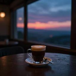 a delicious coffee, a great view, dramatic colored lighting, mysterious ambiance : : gregory crewdson photo style : : nikon d 8 1 0, ƒ / 2. 5, focal length : 8 5. 0 mm, exposure time : 1 / 8 0 0, iso : 2 0 0
