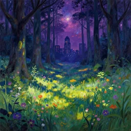 landscape by georges seurat, meadow sunlight matte painting synthwave evil forest liberty city flowers dieselpunk cosmic at night gem cgsociety anime at dusk, archdaily, wallpaper, highly detailed, trending on artstation.