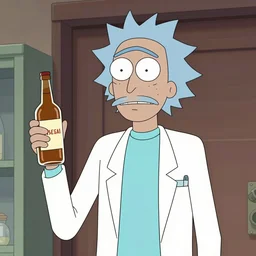 Photograph of a skinny mad scientist with a unibrow and spiky bluish gray hair, wearing a lab coat and holding a bottle of booze, Rick Sanchez