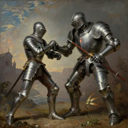 neoclassical painting of a knight in armor fighting a robot monster, highly detailed, 8 k