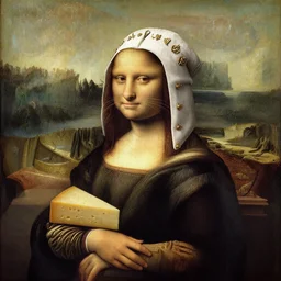 A painting by Leonardo da vinci of a cat dressed as french emperor napoleon holding a piece of cheese