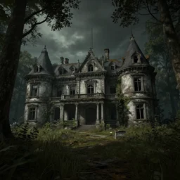 abandoned manor in a dark wood, fps game view, hyperdetailed, artstation, cgsociety, 8 k