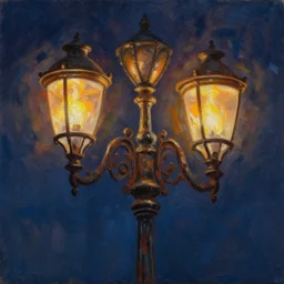 baroque oil painting of anime key visual concept art of an ornate detailed oil lamppost at night, rusty black metal, flickering flame, reflective mapping, trending on artstation, palette knife and brush strokes, oil on canvas, style of makoto shinkai greg rutkowski studio ghibli genshin impact