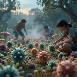 humans struggle in an bacterial and fungal biodiversities landscape, dusk light, atmospheric dusk and vapour swirl, full colour, hyper realistic photo, chiaroscuro, shallow depth of field, volumetric lighting, upscale, 8 k, masterpiece,