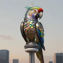 cyber parrot downtown cn tower mf doom reptile eyes, rainbow metal feathers, intricate, elegant, highly detailed, centered, digital painting, artstation, concept art, smooth, sharp focus, illustration, artgerm, tomasz alen kopera, peter mohrbacher, donato giancola, joseph christian leyendecker, wlop, frank frazetta