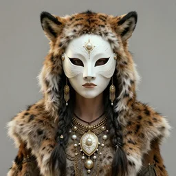 amazon warrior | full medium shot | front close - up | head on | dressed in animal hide, mystical goddess, ethereal, mask, ornaments of white gold in your clothes, evil, artistically realistic, octane render, fine art, intricate