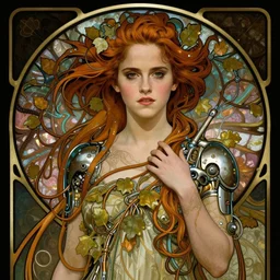 realistic detailed portrait of a fully clothed yyoung emma watson by alphonse mucha, charlie bowater, art nouveau cyberpunk! style, mechanical accents!, flowing wires with leaves, rich deep moody colors