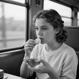 a young beautiful girl on a passenger train drinking tea and eating candy, old black and white photo, hyper detailed