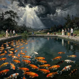 koi fish pond inhabited by humans instead of fish, painted by zdzisław beksinski