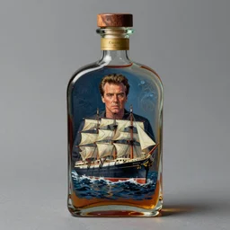 a ship in a bottle but instead of a ship it is jack nicholson in the bottle, the shining, whiskey bottle, masterpiece painting by artgerm, ruan jia, tom bagshaw