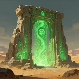 desert landscape with a huge stone portal monument glowing green with swirls, deep focus, d & d, fantasy, intricate, elegant, highly detailed, digital painting, artstation, concept art, matte, sharp focus, illustration, hearthstone, art by artgerm and greg rutkowski and alphonse mucha