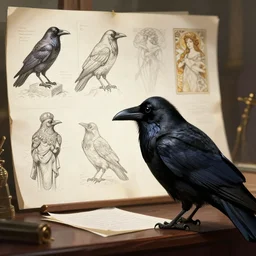 a scholarly raven is seen writing at his desk. character sheet, character design, contrast, deep focus, turnaround, highly detailed, dramatic lighting, digital painting, artstation, concept art, matte, sharp focus, illustration, elegant, art by artgerm and greg f and alphonse mucha. photo like 1 9 9 4 public access music video.