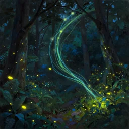 a serene painting of fireflies take off in the woods, trailing long green and blue trails of light