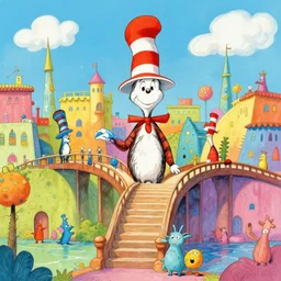colorful city by dr seuss, with towers, bridges, stairs, inhabited by creatures