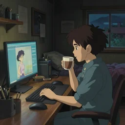 beautiful scene render of a person sitting at a desk, looking at monitor, dimly lit bedroom, hot cocoa drink,, perfectly shaded, atmospheric lighting, style of makoto shinkai and peter mohrbacher, studio ghibli. artgerm, karol bak, beeple, animation style, 8 k hd, ultra wide angle, hyper detailed