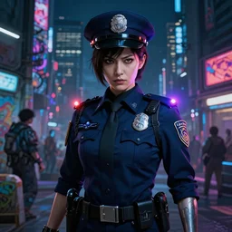 photo portrait of a menacing female japanese police, future tokyo, police lights, high detail, intricate detail, golden ratio, cinematic lighting, ghost in the shell, night, by sachin teng and sergey kolesov and ruan jia and heng z and wlop. graffiti art, scifi, fantasy, hyper detailed. octane render. concept art. trending on artstation