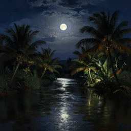 the night time river of light, tropical vegetation, serene moonlight, by frederic edwin church,