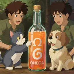 a cat and a dog amazed playing with a transparent bottle filled with vivid orange liquid, the letter omega is paint on the bottle, art by studio ghibli and j. c. leyendecker and greg rutkowski and artgerm and ilya kuvshinov, portrait, fantasy, highly detailed, digital painting, trending on artstation, concept art, sharp focus,