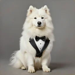 rare painting of a samoyed dog wearing a tuxedo