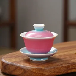 vibrant, beautiful, award - winning, photograph of a gaiwan sitting on a wooden table tea leaves falling in. daytime, sun light, natural light, close - up