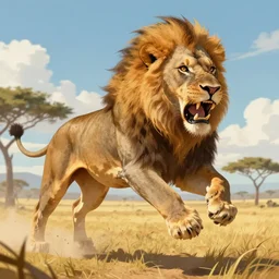 close - up digital illustration of rampaging stoic maned lions pouncing mid - jump in a sunny hot savannah landscape, trending on artstation, digital art ( by brad rigney ) ( by greg rutkowski ) ( by artur treffner )