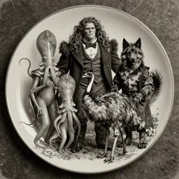 vintage photograph monochrome plate, monstrous mutant victorian family of squid people posing with an emu and a werewolf, distressed old photo, slight sepia tone