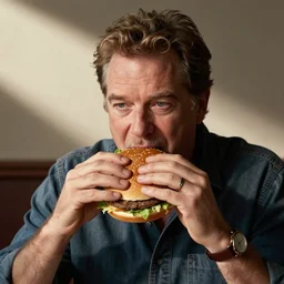 George Lucas eating a hamburger