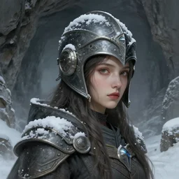 a young female humanoid with a large head wearing a helmet in a snowy desolte cave, digital illustration, very detailed, art by artgerm, post - communist era, fantasy art, high quality, intricate, elegant