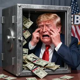 donald trump is scared and crying while raided by fbi, metal safe is hanging open with money and blackmail stuffed inside, political cartoon style, fat and sweaty face, tiny hands, highly detailed