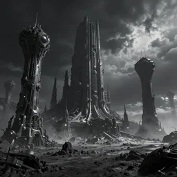 bleak exoplanet landscape, massive abandoned alien tech, black mos eisley, skeletal temple buildings designed by hr giger, black clouds, hyper realistic octane render, hd, cinematic, beksinski