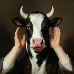 a person wearing a cow mask and holding their hands up to their ears, a flemish baroque by mark ryden, featured on deviantart, pop surrealism, freakshow, adafruit, made of rubber