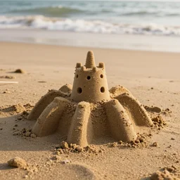 sand castle in the shape of a spider beach golden hour