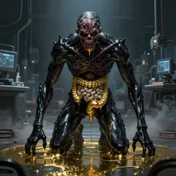 realistic coubert dark hi-tech sci-fi lab at night, realistic gustave coubert full body painting of hideous and sick shiny black onyx skin human exposed guts zombie face crawling in two legs and dripping golden metalic fluid from intestine into a pool of golden liquid on the floor. Smokey atmosphere