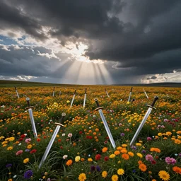 A scenic view of flower sea, swords , deaths