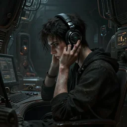 a epic cinematic shot of of a emo dude who is listening to all kinds of music with headphones on in a dark liminal technology space room, gritty tech, deep focus, fantasy, intricate, elegant, highly detailed, digital painting, artstation, concept art, matte, sharp focus, illustration, dark fantasy style art, resident evil, art by artgerm and greg rutkowski and alphonse mucha