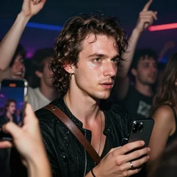 a photo of wolfgang amadeus mozart on a rave. he sweats a lot because the club is poorly ventilated, but he still has a great time. club photography, smartphone photography.