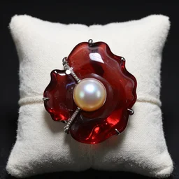 a luxury jewelry, cell forms, organic, red glass, pearl, close up, no people black backgground, pillow showcase
