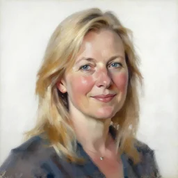 portrait painting of woman from scandinavia, 9 0 years old, blonde hair, daz, occlusion, smiling and looking directly, brushstrokes, white background, art by enki bilal