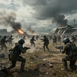 a battlefield of the future, hd, ultra realistic, moody, cinematic
