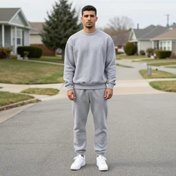 Rocco Botte wearing gray sweatshirt and gray sweatpants and white sneakers on a suburban residential street