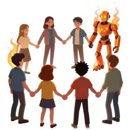 a chain of people holding hands, detailed digital illustration by greg rutkowski, fire, android netrunner