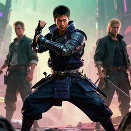 movie still frame, jun kunimura as cyberpunk samurai, epic pose, badass, beautiful composition, 8 k, cgi, by ridley scott, zack snyder and michael bay