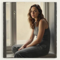 by sandra chevrier chestnut, slate grey hyperdetailed. a installation art of a beautiful gal gadot seated at a window, looking out at the viewer with a serene expression on her face. the light from the window illuminates her features & creates a warm, inviting atmosphere. the essence of beauty & tranquility.