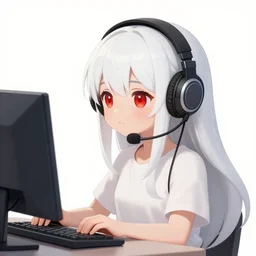 white long haired red eyed young cute girl wearing headset playing computer game mika pikazo, anmi, hiten, rella style pinterest