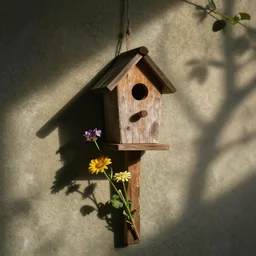 whimsical birdhouse and flowers on a wooden pole by jean - baptiste monge