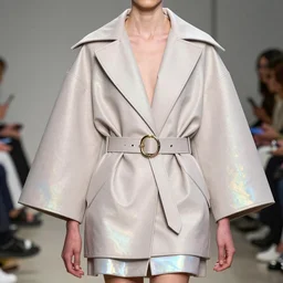 haute couture modern iris van herpen fold volume coat with open neckline, double layer oversize curved seam top, double layer fold over hem, cropped wide sleeve, self belt with leather covered ring closure, back slit, tonal topstitching, intricate hardware, lined in cotton, holographic tones scheme sigma, avant modern runway design 8 5 mm f _ 8, high detail