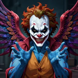 4K headshot of godlike clown with blue skin with defined arms and open hands and bloody clothes with giant mandala wings , white intricate scary clown makeup , flawless anime cel animation by Kentaro Miura, psychedelic , highly detailed upper body , professionally post-processed , beautiful, scary, symmetry accurate features, epic, octane rendered, anime masterpiece, accurate