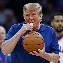 Donald Trump eating a basketball, award-winning photo, 8k, detailed